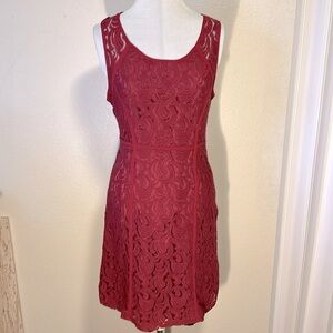 Romy sleeveless lace maroon fit and flare mini dress 27” long 16” PTP 29” waist